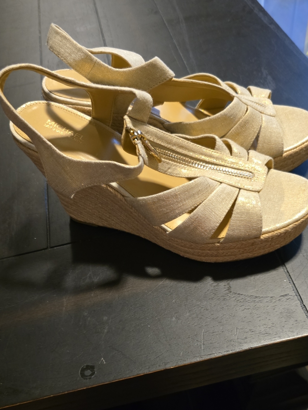 Michael Kors Metallic Beige Espadrille Wedge Sandals - Picture 1 of 7